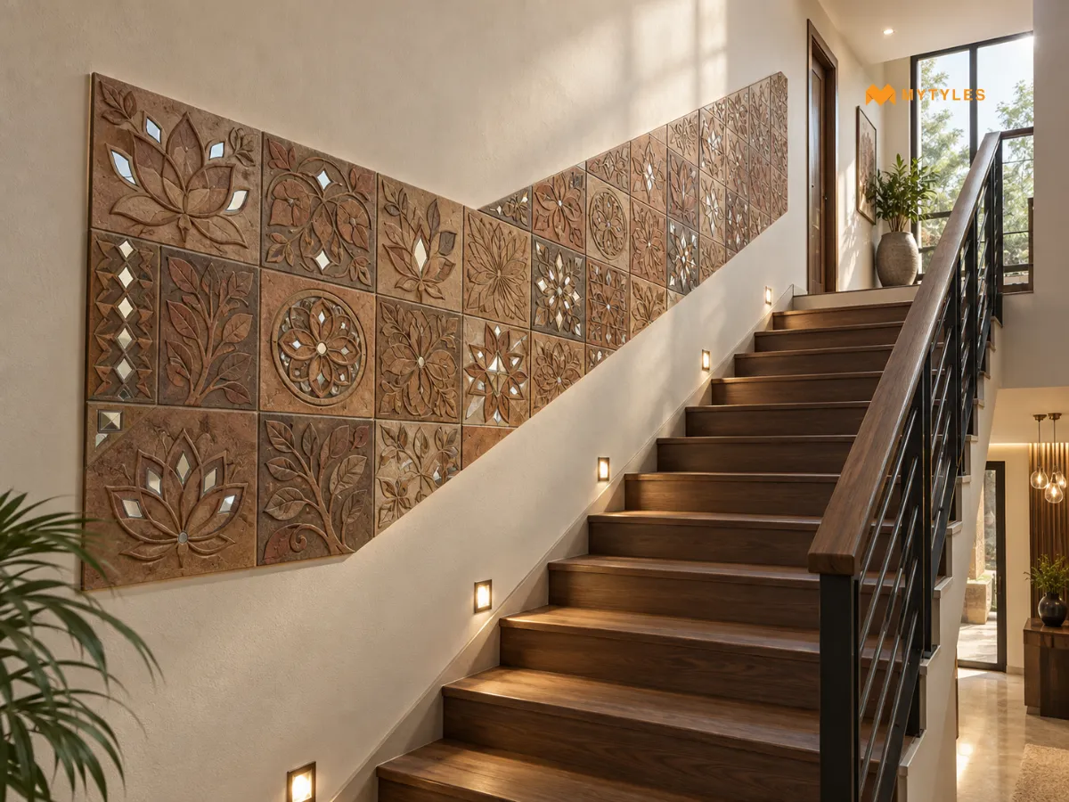 Decorative Mirror Tiles for a Staircase Wall